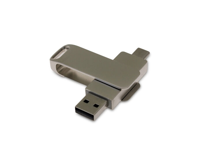 USB 2.0- флешка на 64 Гб с поворотным механизмом и дополнительным разъемом Type-C, серый
