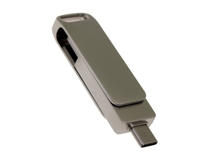USB 2.0- флешка на 16 Гб с поворотным механизмом и дополнительным разъемом Type-C, серый