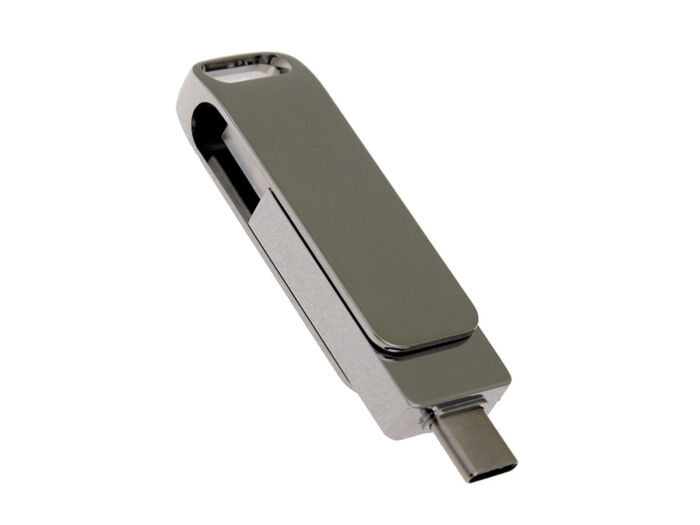 USB 2.0- флешка на 16 Гб с поворотным механизмом и дополнительным разъемом Type-C, серебристый