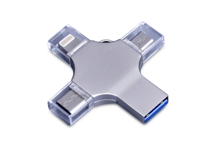 USB 3.0-флешка на 64 Гб 4-в-1 с разъемами Micro USB, Type-C и Lightning, серебристый