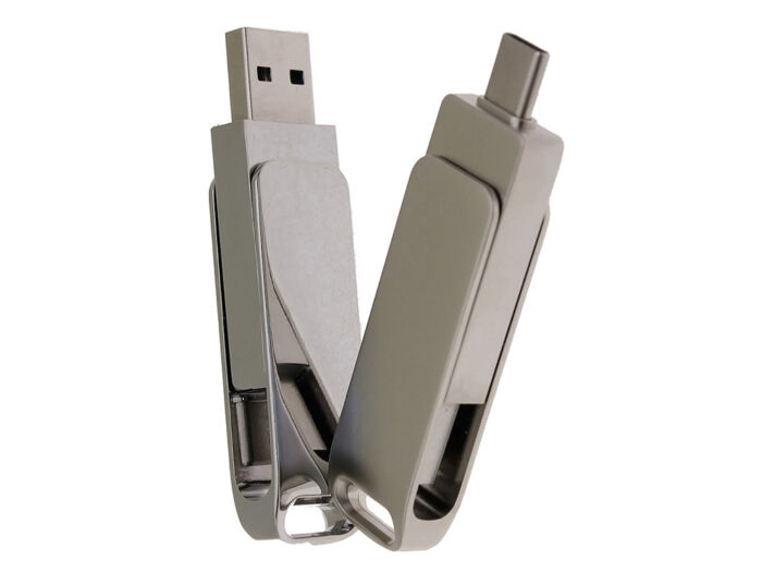 USB 2.0- флешка на 16 Гб с поворотным механизмом и дополнительным разъемом Type-C, серебристый