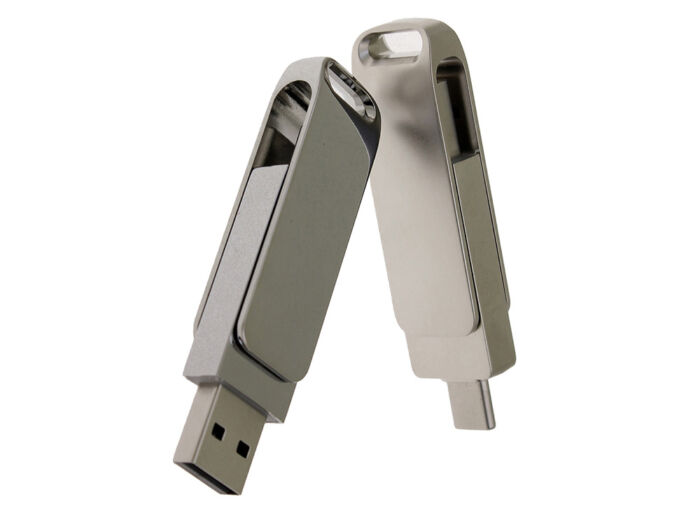 USB 2.0- флешка на 128 Гб с поворотным механизмом и дополнительным разъемом Type-C, серый